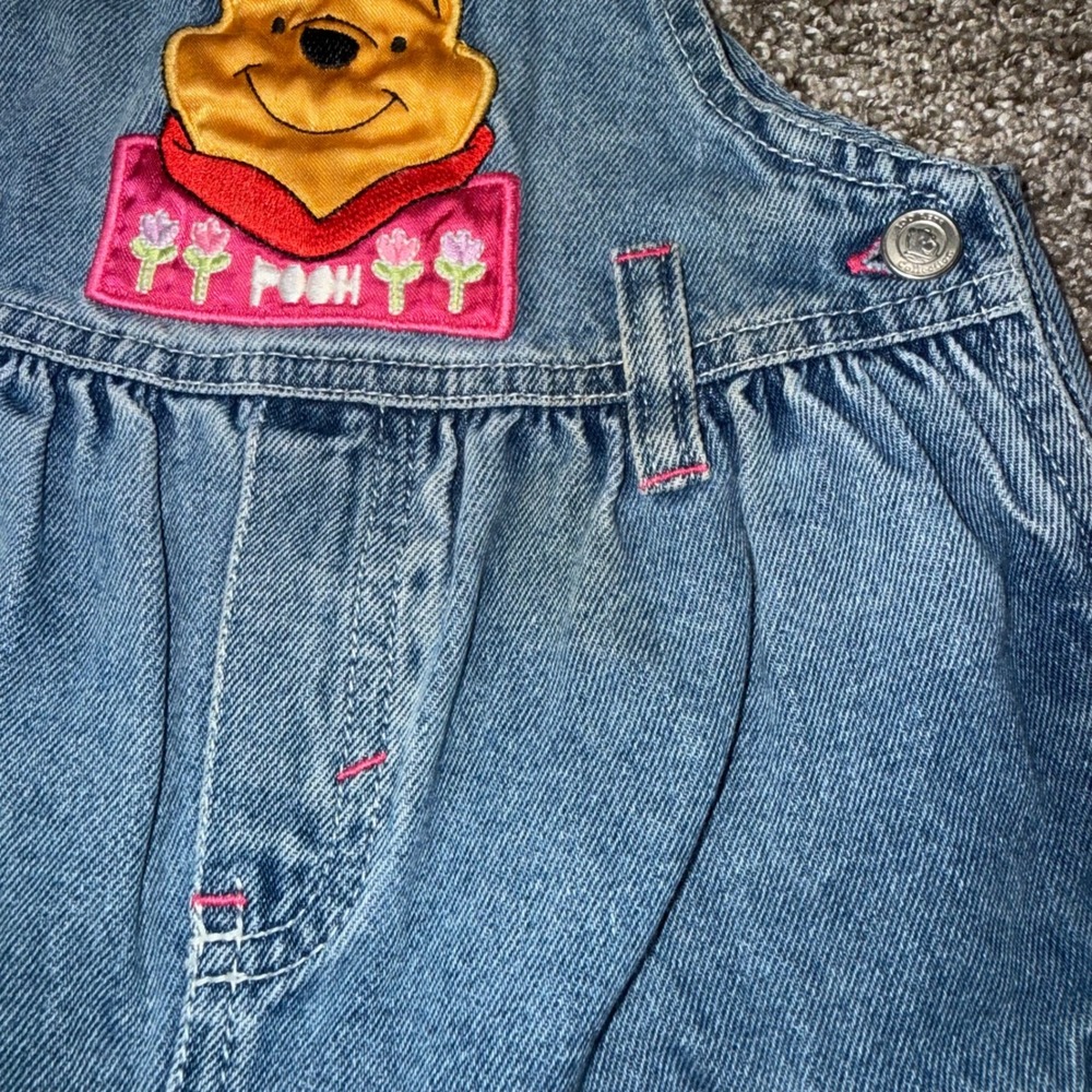 Disney Pooh Denim Overalls Baby 12M Blue Good Vintage Cargo Embroidered - Picture 2 of 4